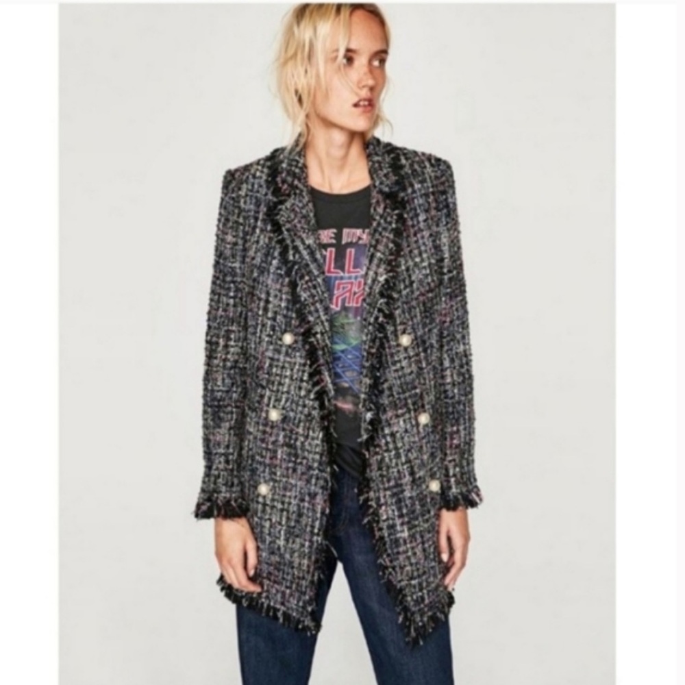 Zara Woman Tweed Pearl Button Trench Fringe Jacket/Blazer - Picture 3 of 4